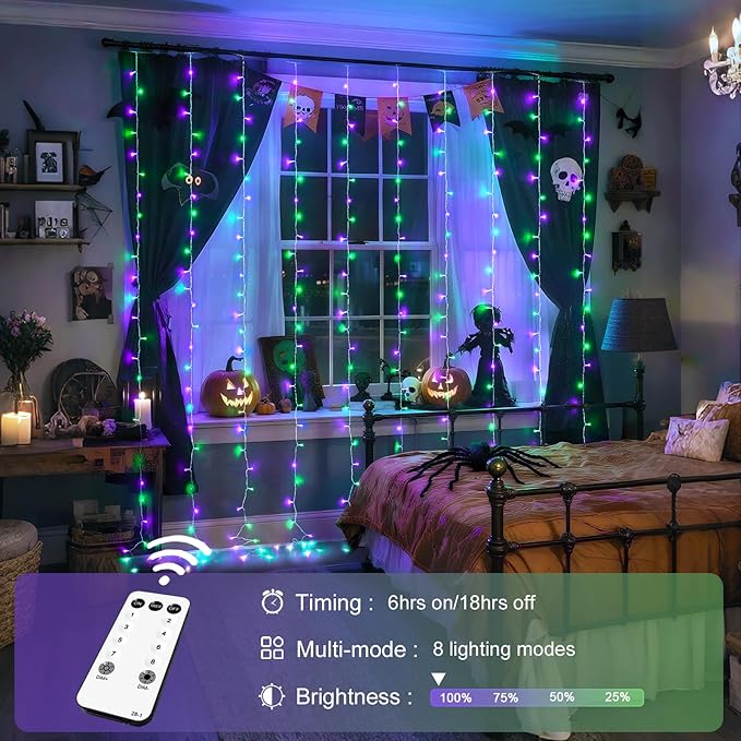 JMEXSUSS 300LED Halloween Curtain Lights with Remote, 9.8x9.8ft Halloween Lig...