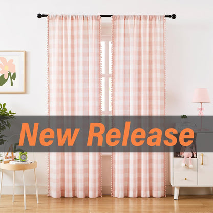 Pompom Buffalo Check Curtains Blush Pink and White Plaid Window Treatment Set for Kitchen Living Room, Dinning, 95 inch Rustic Farmhouse Curtain Drapes for Kids Dorm 42"x95" 2pcs Rod Pocket, Coral