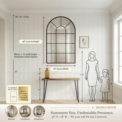 48x28Inch Arched Window Pane Mirror| Black Arched Mirrors for Wall & Floor | Arch Mirror Full Length for Entryway Living Room & Bedroom | Oversized Mirrors | Wall Art Decorative |Farmhouse Décor