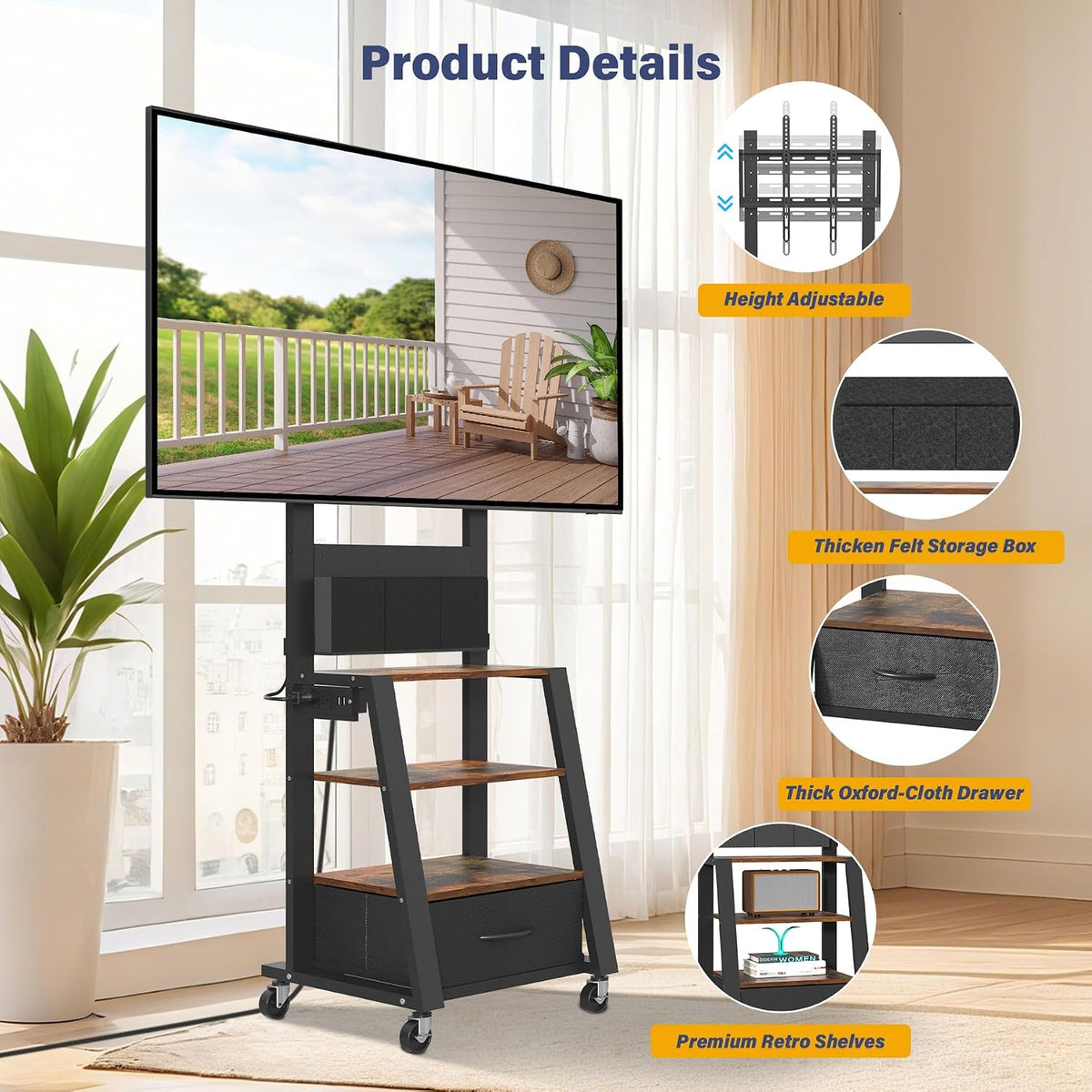 Rolling TV Stand with Power Outlet & 4-Tier Storage for 23-60 Inch Flat/C...