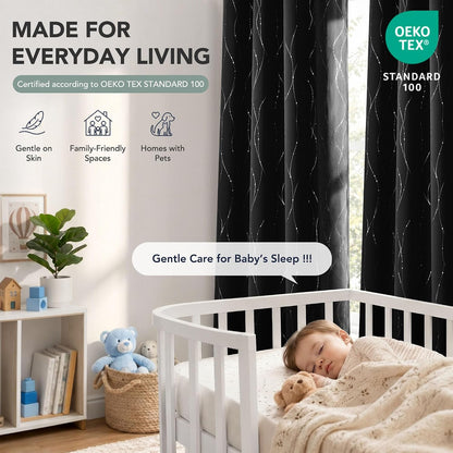 Deconovo 100% Blackout Living Room Curtains 84 Inches Long, Black Backing | Silver Line Foil Pattern Drapes, Thermal Insulated, Room Darkening, Grommet, 2 Panels Set, Black, 52 x 84 Inch
