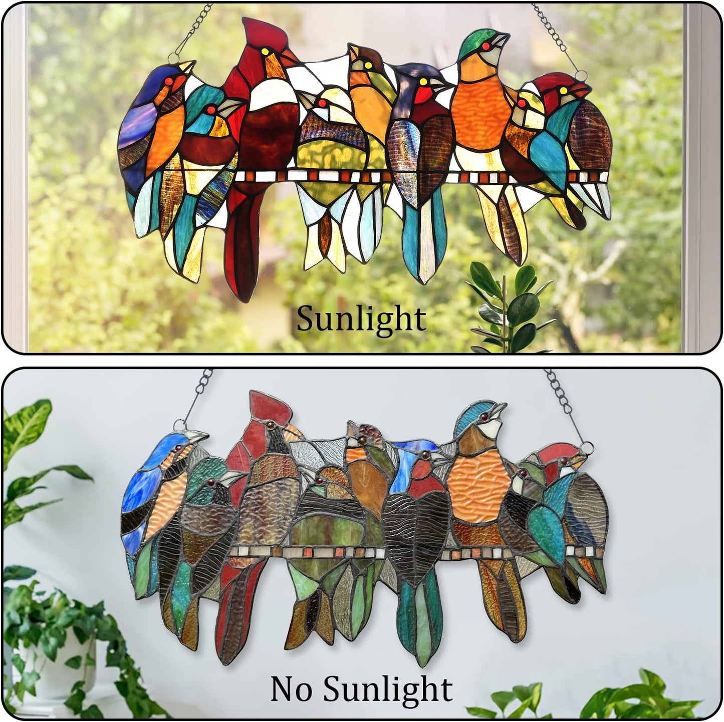 Capulina Tiffany Birds Stained Glass Window Panels Hangings | Birds Stained Glass Suncatcher Gifts Decor for Home Office
