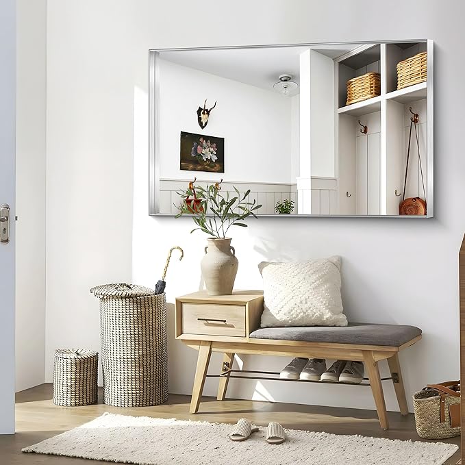 CIRCUMI Silver Bathroom Mirror, Brushed Finish, Tempered Glass, Large Mirror - Image 5