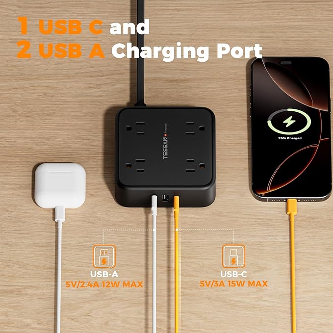 TESSAN 10 Ft Flat Plug Extension Cord - Image 5