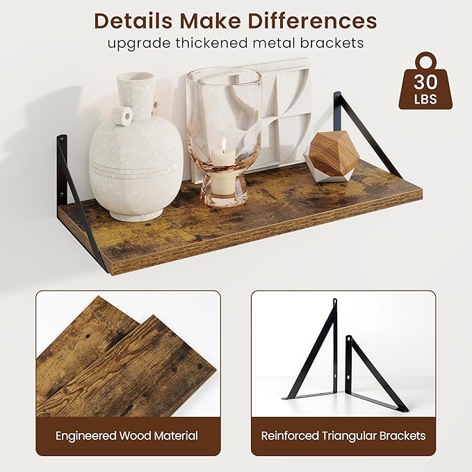 Axeman Deep Floating Shelves | 24 Inch Brown Wall Shelves Set of 2 | 10 Inch - Image 5