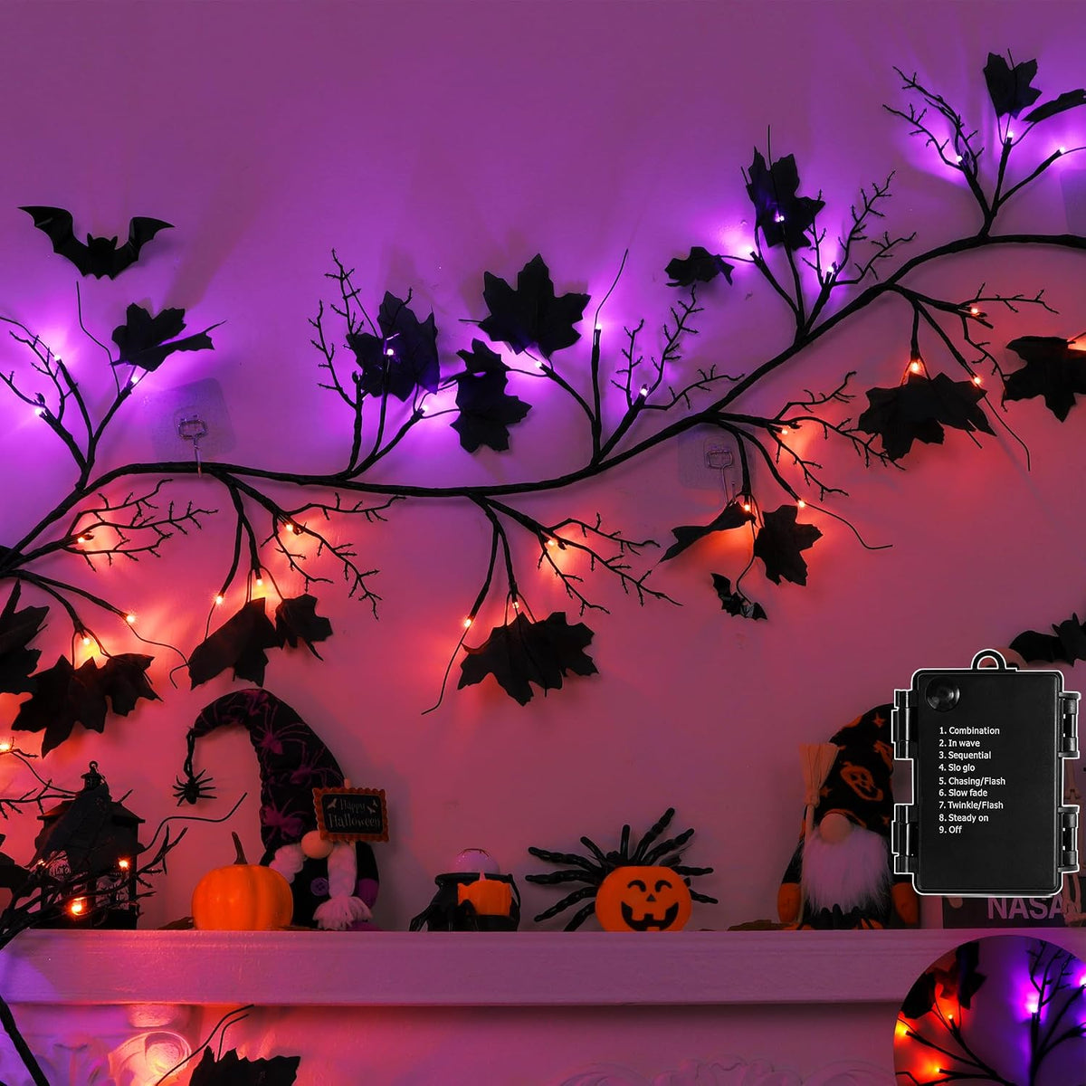 9 FT 72 LED Willow Vine Twig Decor Black Halloween Garland with Orange & ...
