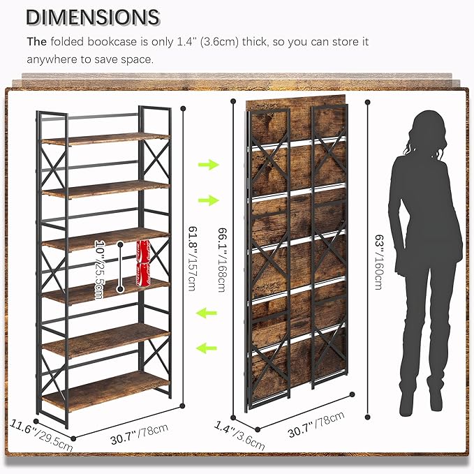 4NM Extra Wide 6 Tiers No Assembly Book Shelves, 61.8" H Folding Bookshelf - Image 2