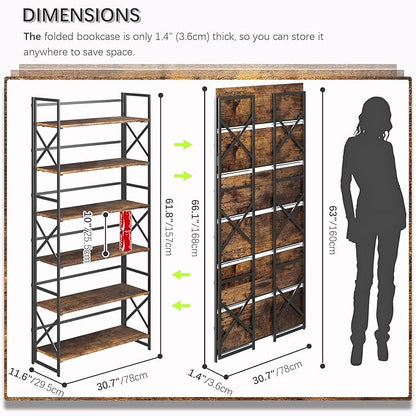 4NM Extra Wide 6 Tiers No Assembly Book Shelves, 61.8" H Folding Bookshelf - Image 2