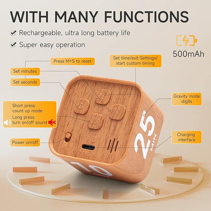 Rotating Productivity Timer 5, 50 Minutes Preset, Desk Cube w/Gravity Sensor - Image 4