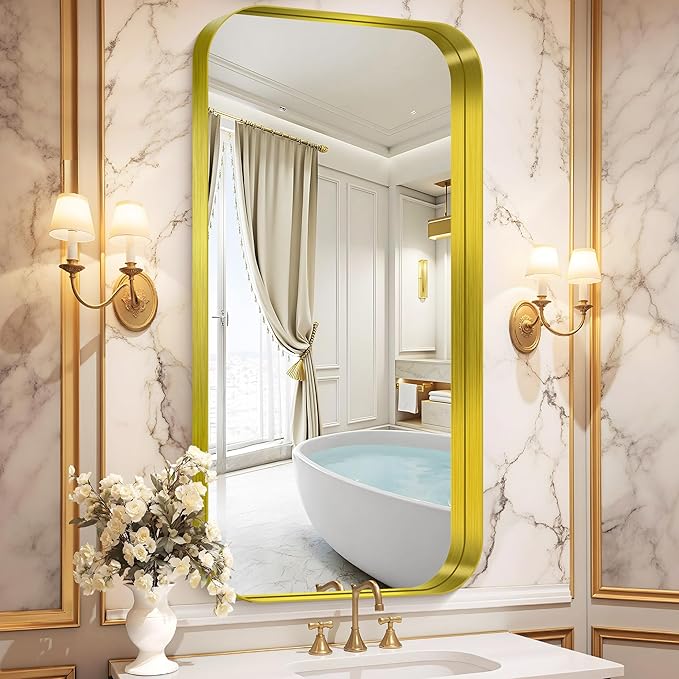 CIRCUMI Gold Bathroom Mirror, Rounded Corner, Tempered Glass, Large Mirror - Image 2