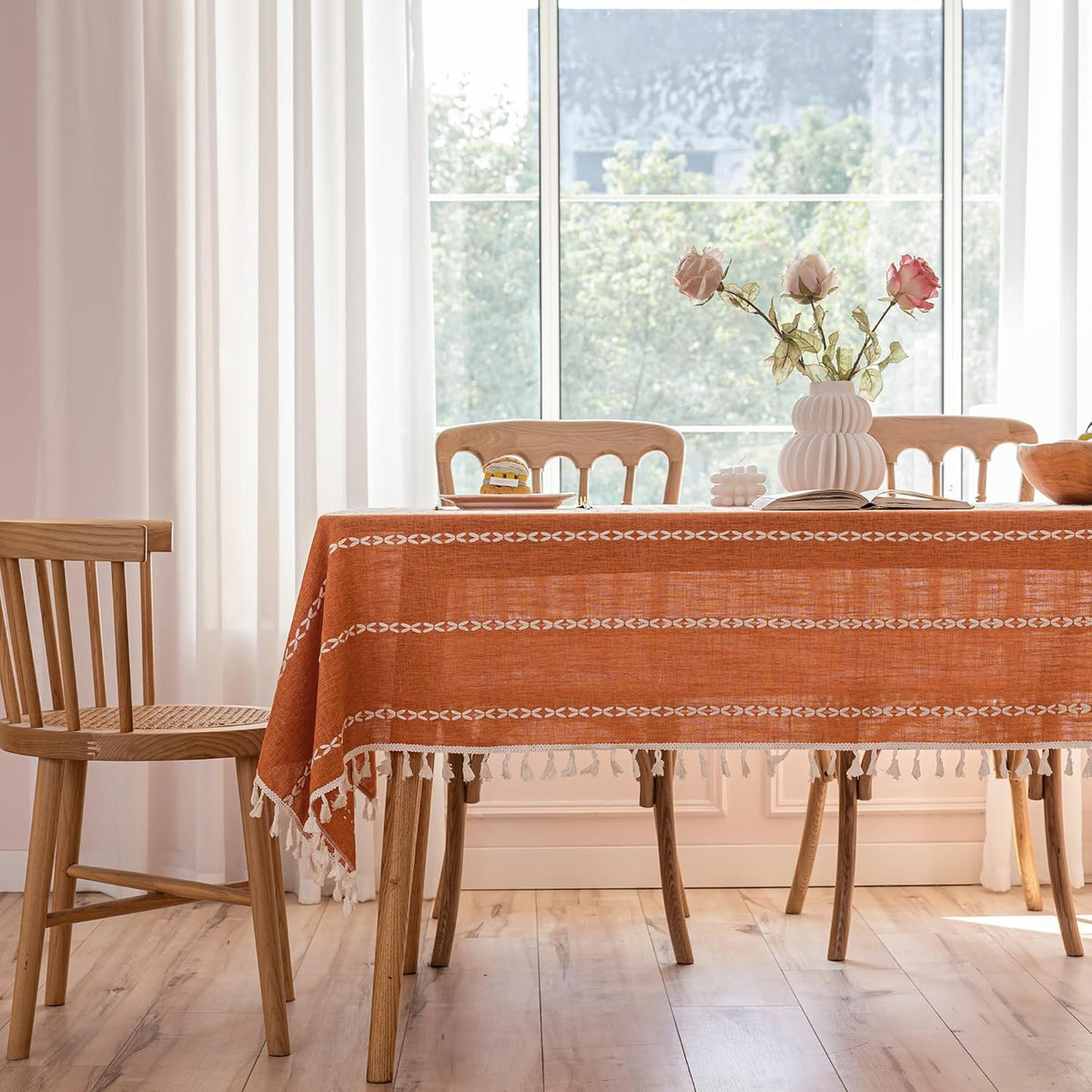 Burnt Orange Linen Rectangle Table Cloth with Tassel Farmhouse Burlap Tablecl...