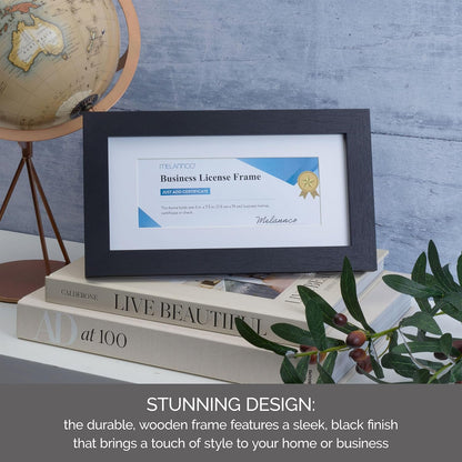 MELANNCO Business License Certificate Frame, 11.5 x 6.5 In Black Frame with 5 x 10 Mat Opening for 3 x 7.5 In Document, Wall Display for Diploma, Degree, or Professional License