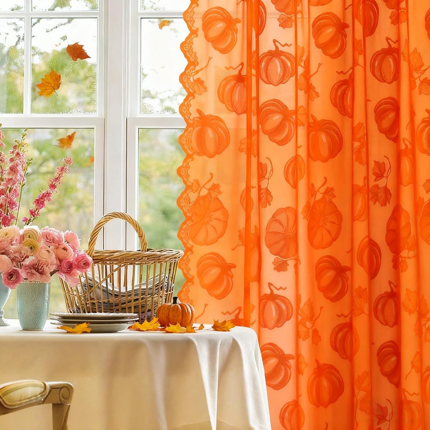 Fall Lace Curtains 84 Inches Long for Living Room Thanksgiving | Holiday Decoration Burnt Orange Sheer, Weave Harvest Pumpkin Design, Rod Pocket, Country Rustic, 54 x 84 Inch 2 Panels