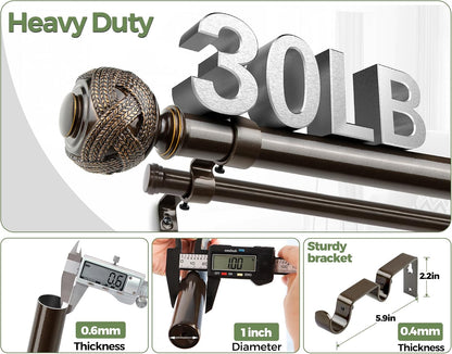 1 Inch Double Curtain Rods 72 to 144 Inches (6 to 12 ft), USFOOK Bronze Drapery Rods for Windows 69 to 140 Inches, Telescoping Dual Curtain Rod with Woven Leaf Finials