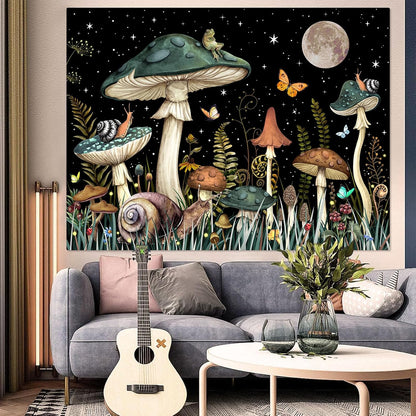 Zussun Green Mushroom Tapestry Moon Star Tapestries for Bedroom Aesthetic Starry Night Plant Tapastrys Wall Hanging Butterfly Snail Frog Wall Tapestry for Living Room Dorm (Dark, 48" x 36")