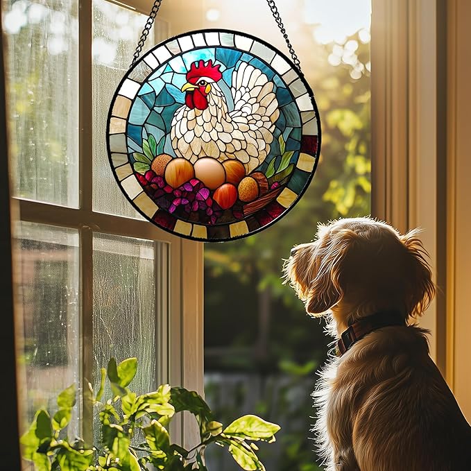 DASTOLL Stained Glass Window Hanging White Chicken Hatching Eggs 9.8" - Image 2