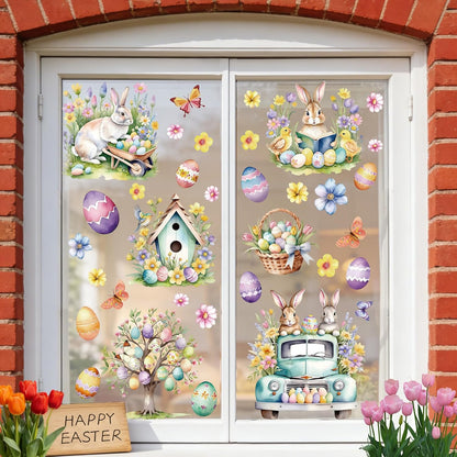 9 Sheets Easter Window Clings Decor, Bunny & Egg Window Stickers, Spring Decorations for Home, Office, Classroom, Holiday Decals for Glass Windows & Doors