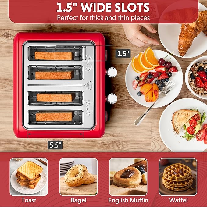BUYDEEM DT640 4-Slice Toaster, Extra Wide Slots, Retro Stainless Steel - Image 3