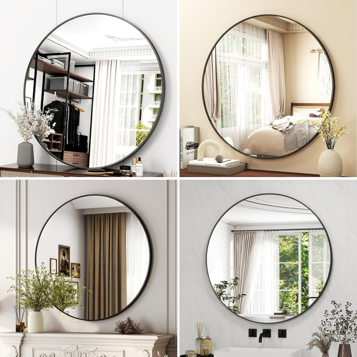 42 Inch Round Bathroom Mirror - Black Wall Mounted Circle Mirror with Metal Frame, Modern Round Hanging Mirror Suitable for Bathroom, Vanity, Entryway, Living Room