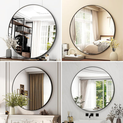 42 Inch Round Bathroom Mirror - Black Wall Mounted Circle Mirror with Metal Frame, Modern Round Hanging Mirror Suitable for Bathroom, Vanity, Entryway, Living Room