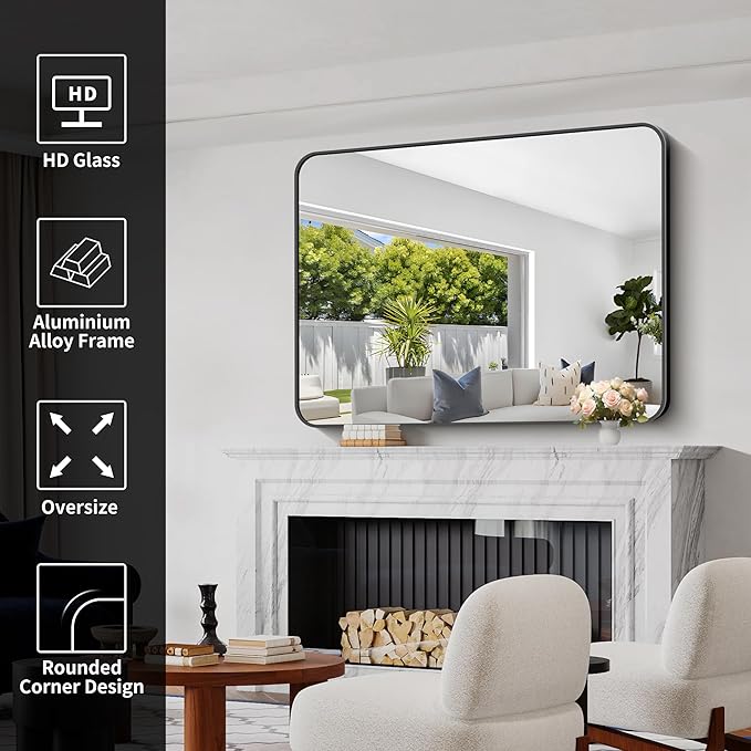 Bathroom Mirror, 48x36 inch Black Rectangle Wall Mirror, Metal Frame Rounded - Image 3