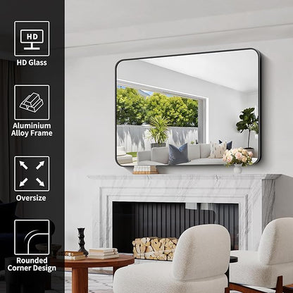 Bathroom Mirror, 48x36 inch Black Rectangle Wall Mirror, Metal Frame Rounded - Image 3