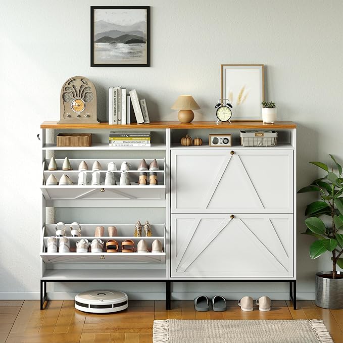 Shoe Storage Cabinet with 2 Flip-Up Doors, Freestanding Hidden Shoe Storage - Image 7