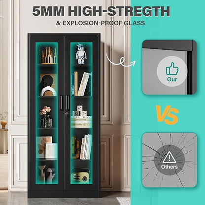 Metal Storage Cabinet with Lock and Glass Doors, Glass Display Cabinet - Image 9