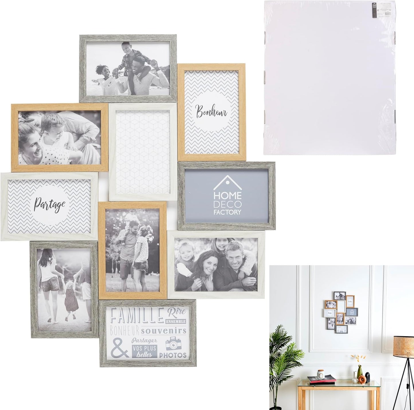 HOME DECO FACTORY - HD4213 – Multi-Photo Frame for 10 Photos Wood and White Souvenir Decoration – Beige Brown