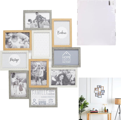 HOME DECO FACTORY - HD4213 – Multi-Photo Frame for 10 Photos Wood and White Souvenir Decoration – Beige Brown