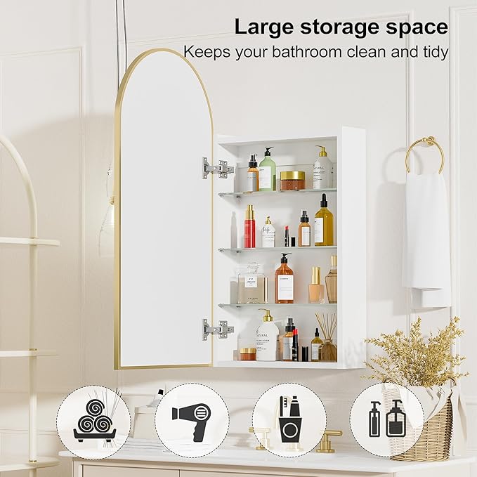 Arched Medicine Cabinet with Mirror, Brushed Gold Medicine Cabinet with Storage - Image 5