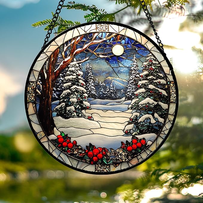 DASTOLL Stained Glass Window Hanging Christmas Tree Winter Snow Night Scenery - Image 4