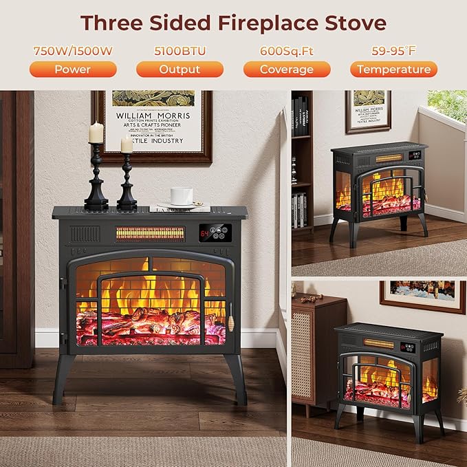 BREEZEHEAT Electric Fireplace Stove-Freestanding Fireplace Heater w/ 3D Flame - Image 2