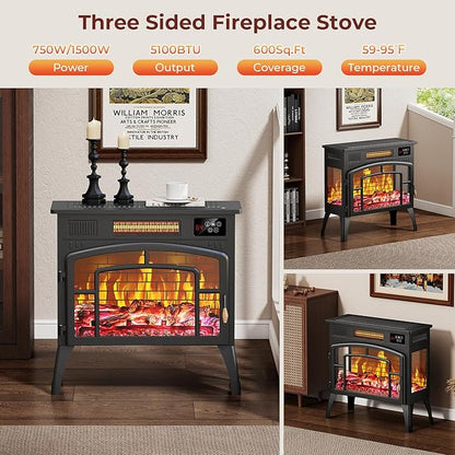 BREEZEHEAT Electric Fireplace Stove-Freestanding Fireplace Heater w/ 3D Flame - Image 2