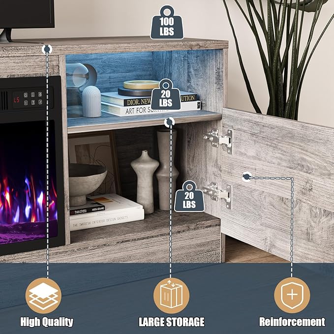 VITESSE TV Stand with 36" inch Electric Fireplace Up to 80" TVs, LED Light - Image 7