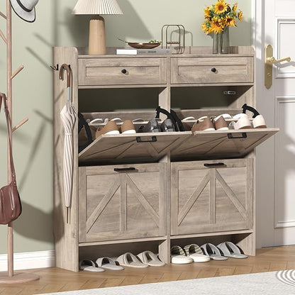 Shoe Cabinet with 4 Flip Drawers & 2 Storage Drawers, Rustic Farmhouse Narrow by Thacuok