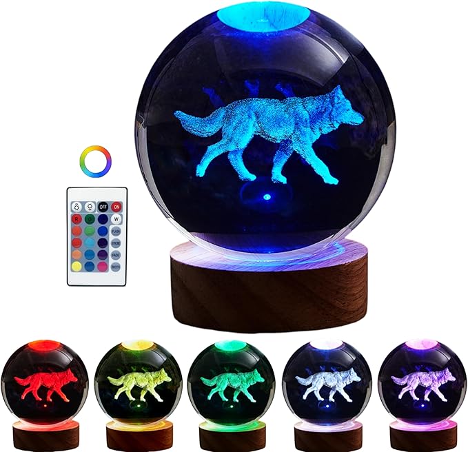 3D Crystal Ball Lamp with Lifelike Wolf, 16 Color Changing Light, Dimmable by Conalisk