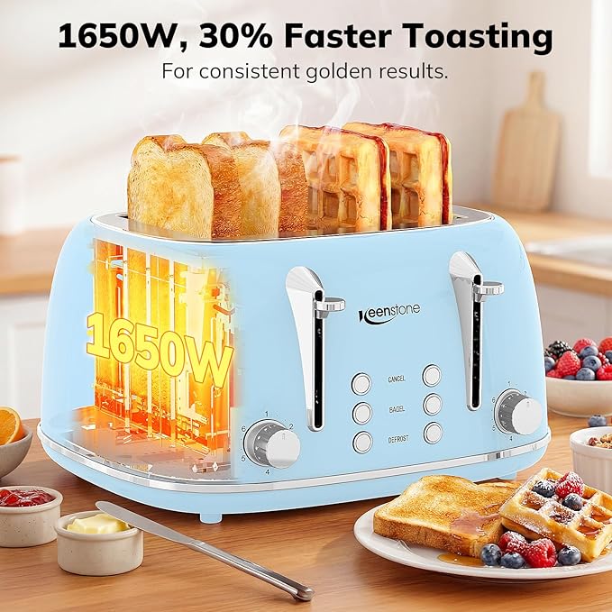 Keenstone Toaster 4 Slice, Retro Stainless Steel Wide Slot Toaster - Image 4