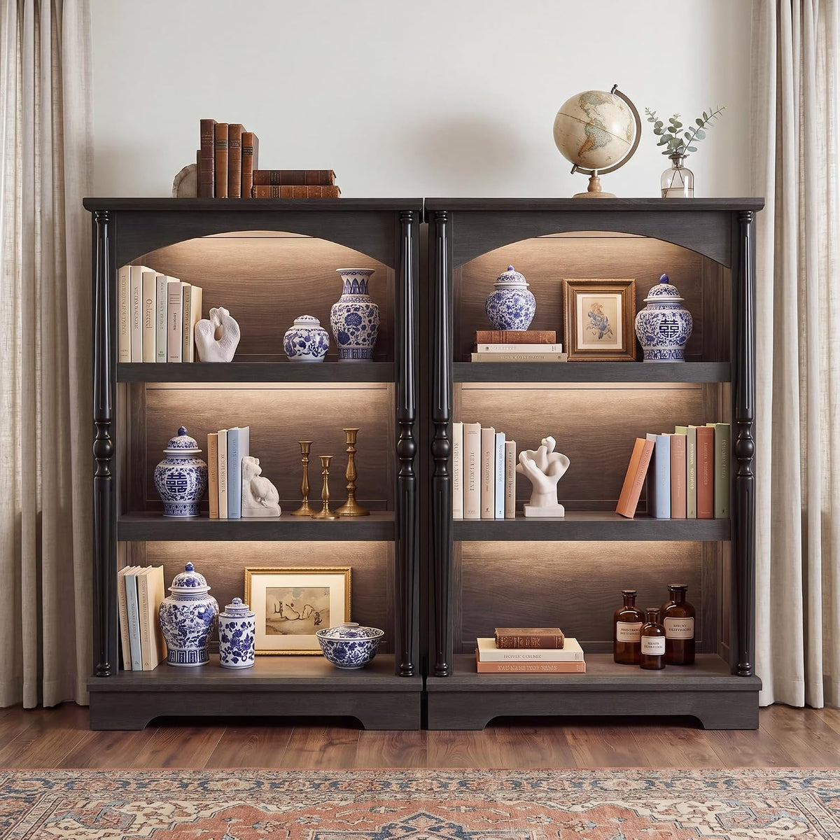 3-Tier Arched Bookcase with LED Lights Set of 2,Farmhouse Bookshelf, Black