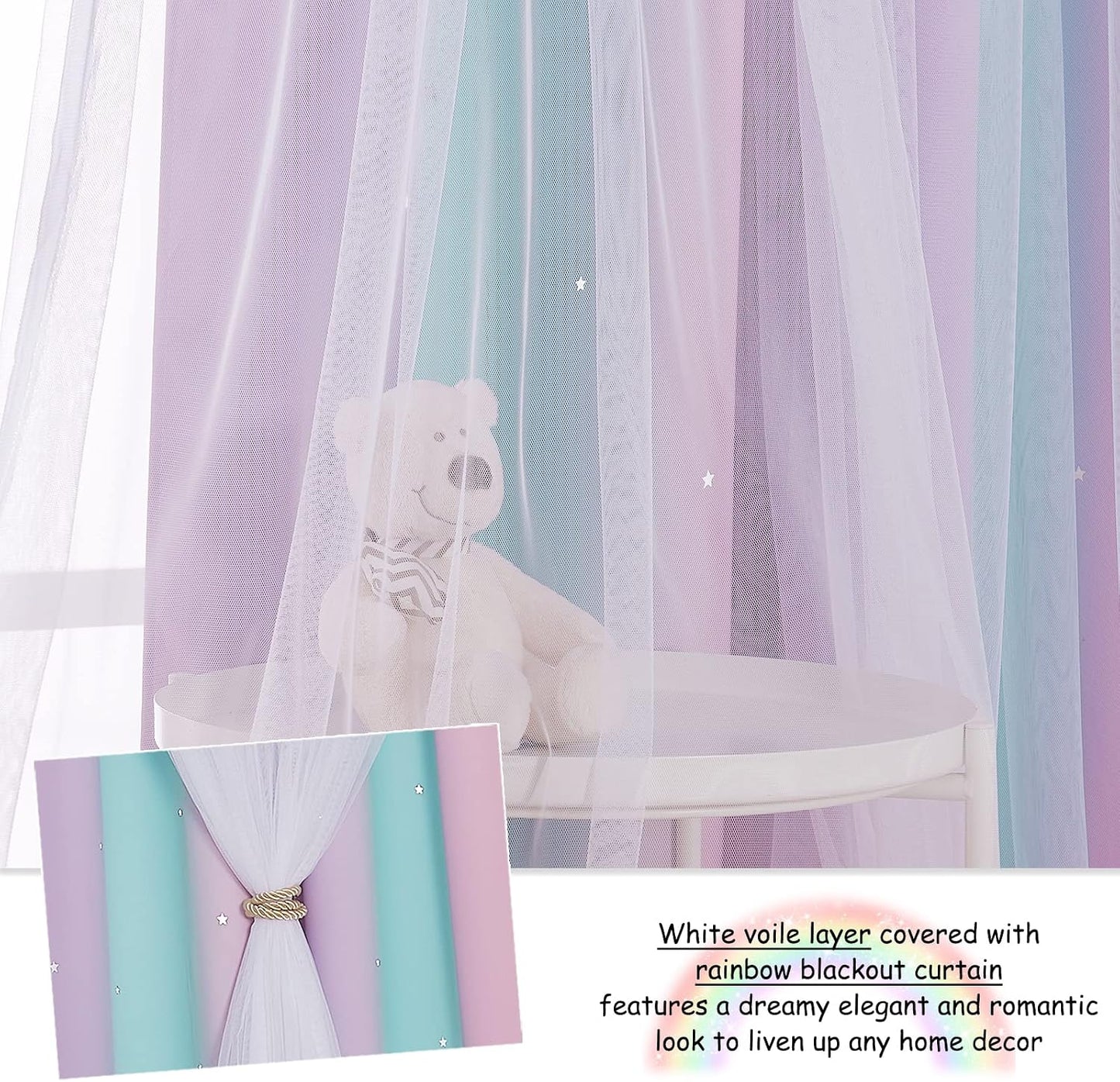 NICETOWN Baby Room Decor, White Gauze & Blackout Drapes Assembled, Star Cut Romantic and Colorful Curtains with Versatile Styling Options for Birthday Party (Blue & Purple & Pink, Each is W52 x L84)