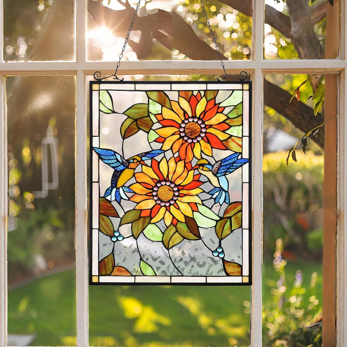 Capulina Sunflower and Birds Stained Glass Panels Window Hangings
