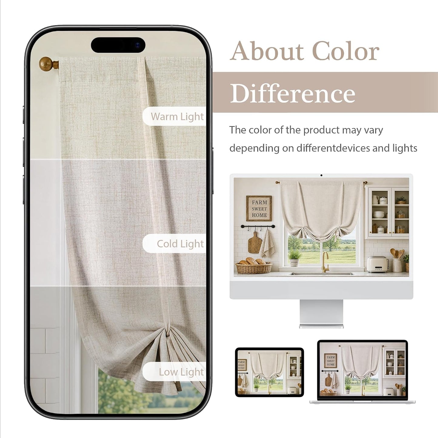 DriftAway Double Layer Linen Blackout Tie Up Curtains Thermal Insulated Fully Lined Balloon Roman Shade Bathroom Window Adjustable Rod Pocket for Small Window 45 Inch by 63 Inch Beige