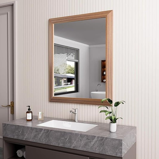 Amorho Bathroom Mirror, 24x30 Inch Wall Mirror, Walnut Wood Grain Metal Framed by Amorho