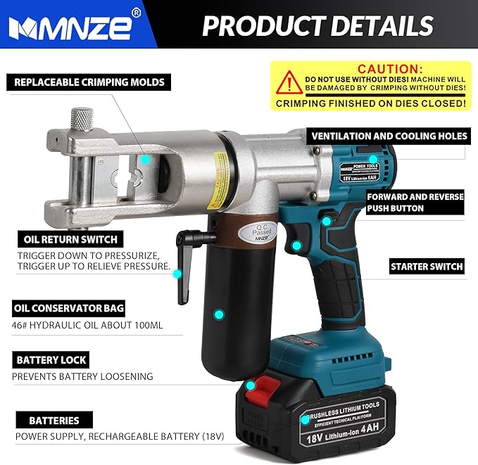Electric Hydraulic Cable Lug Crimping Tool 8 AWG to 500 MCM Rechargeable - Image 5