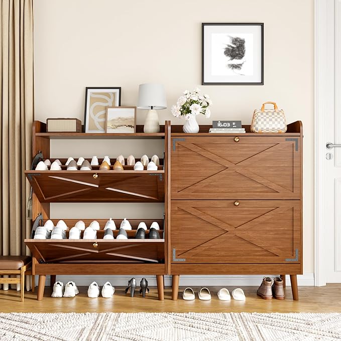 Shoe Storage Cabinet with 2 Flip Drawers & Adjustable Shelves, Narrow Shoe - Image 7