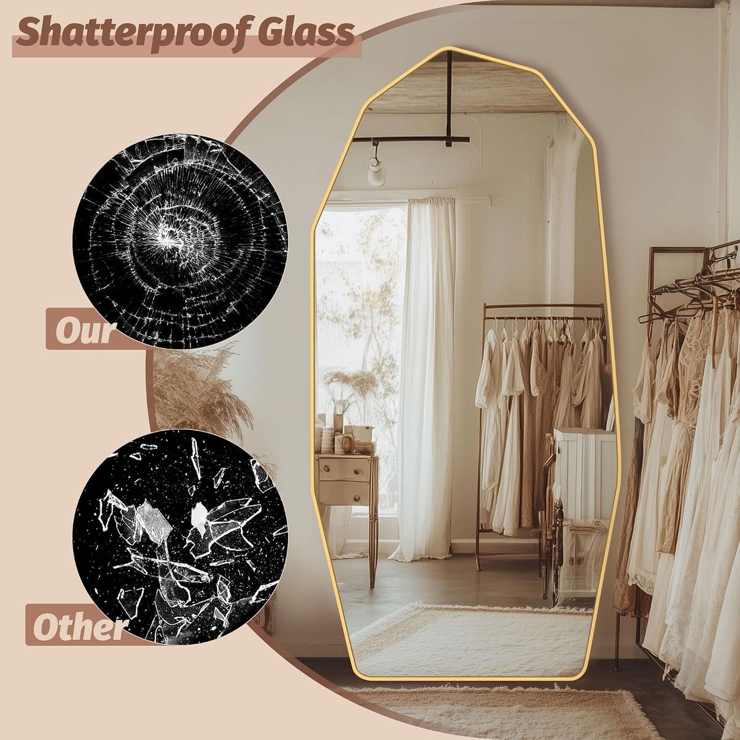 Full Length Mirror, 76" x 34" Full Body Large Standing Mirror, Diamond Shaped, Free Standing, Wall-Mounted or Leaning, Decorative Large Mirrors for Home Bathroom Living Room, Gold