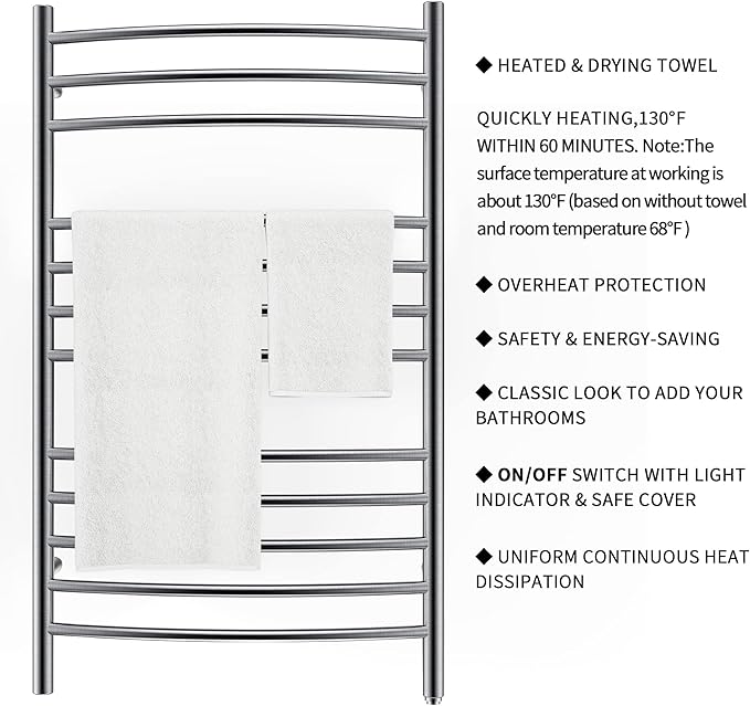 HEATGENE Towel Warmer Wall Mount Electric Plug-in/Hardwired Heated Towel Rack - Image 3