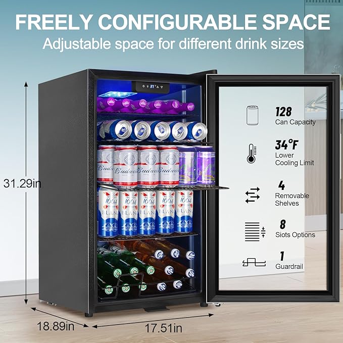 Beverage Refrigerator Cooler, 128 Cans Mini Fridge Glass Door - Image 2