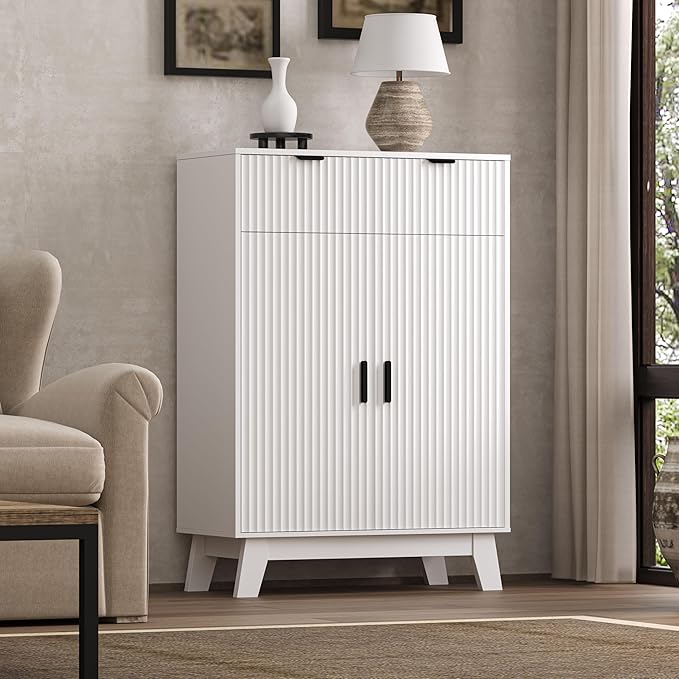 Fluted Shoe Cabinet, 4-Tier Mid Century Modern Narrow Shoe Storage Cabinet - Image 4