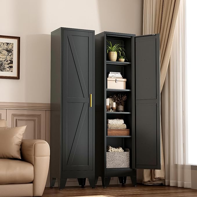 Narrow Metal Cabinet with 4 Adjustable Shelves and Barn Doors, Tall Bathroom - Image 2